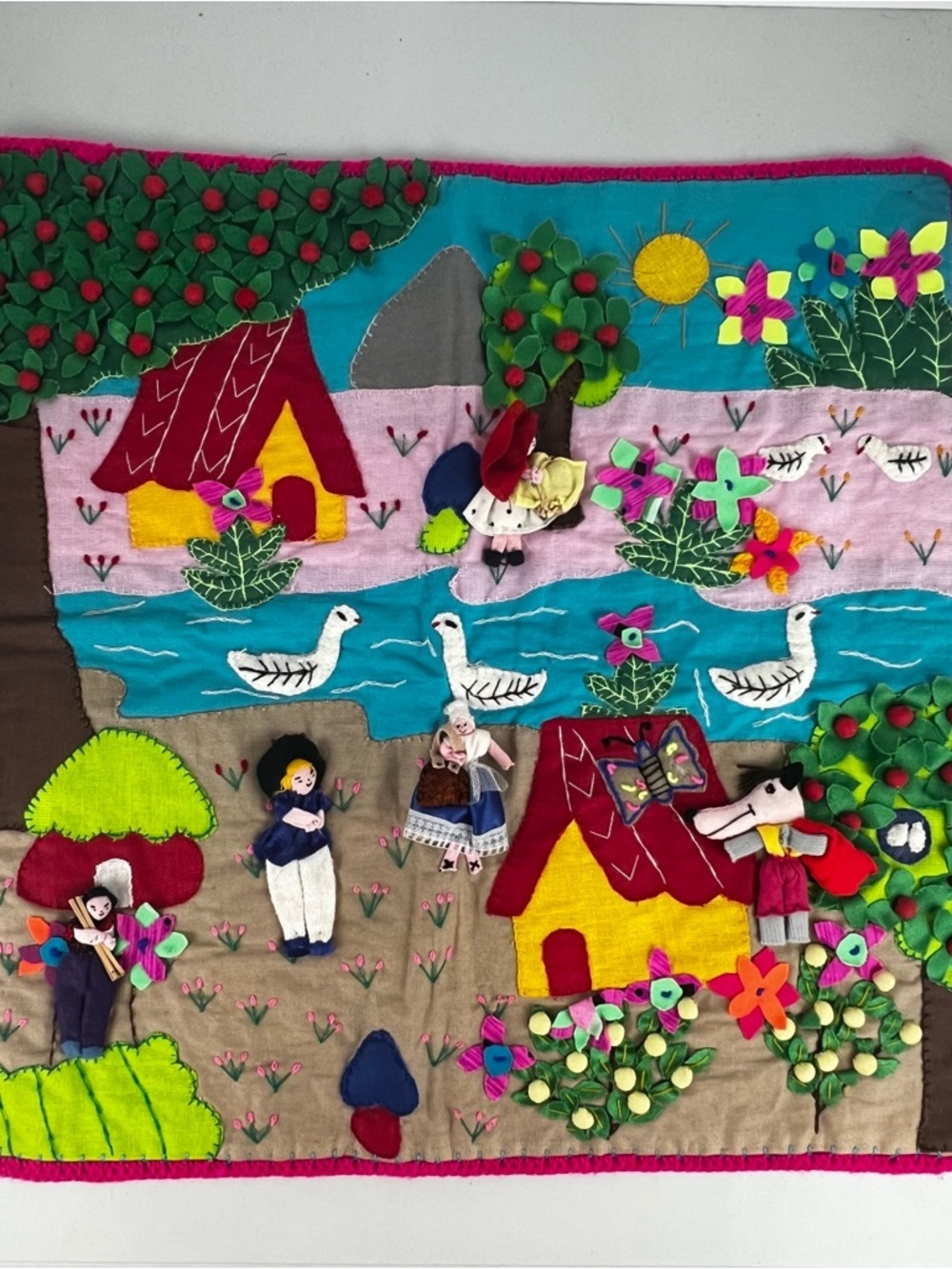 *Rare* Vintage Peruvian Little Red Riding Hood Themed Wall Tapestry Arpillera